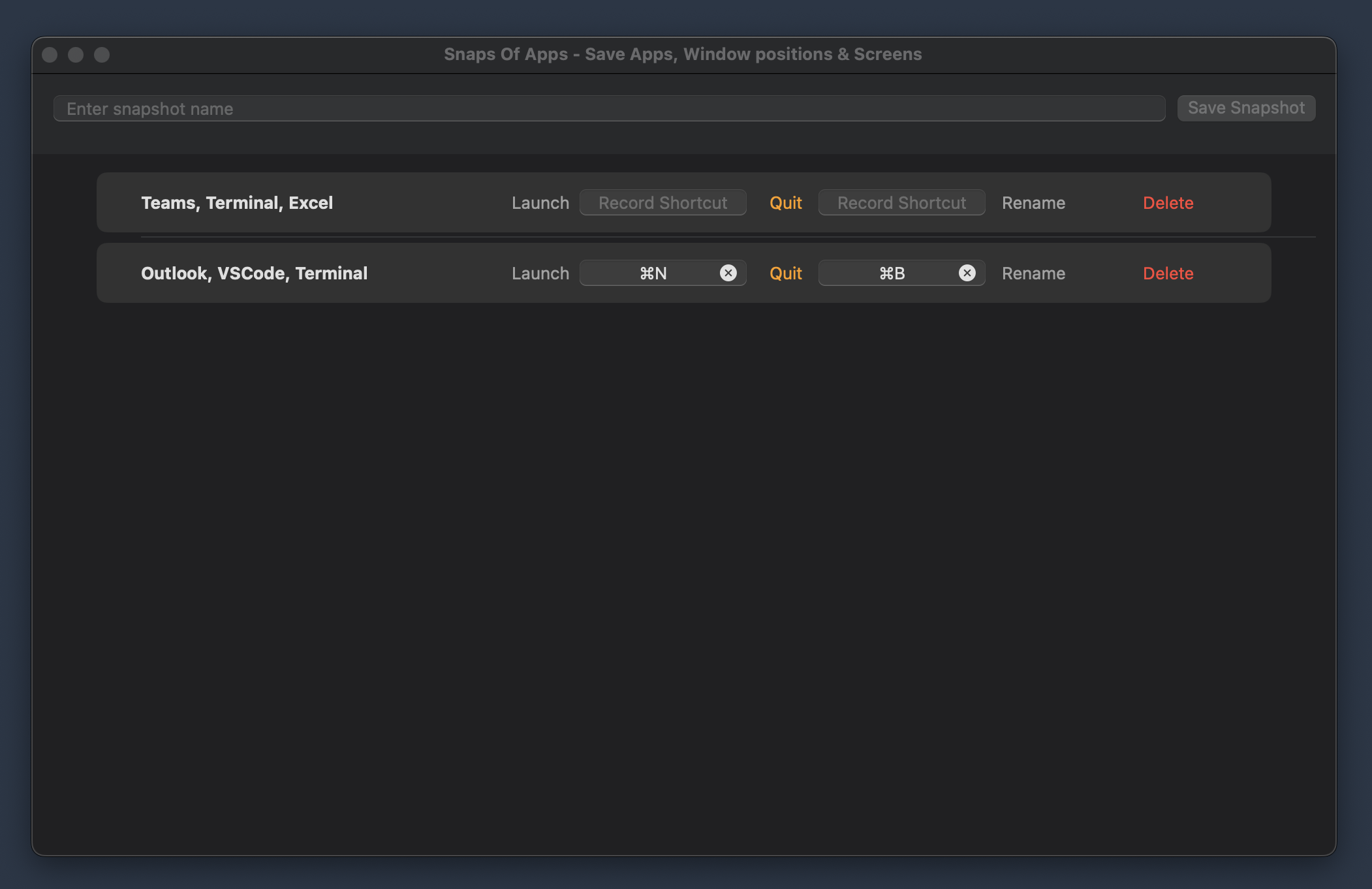 Snaps Of Apps main interface showing saved snapshots and window management options