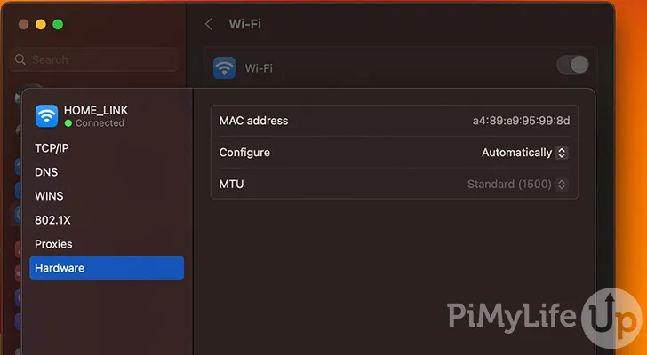Instructional image showing how to find the MAC Address in macOS System Settings
