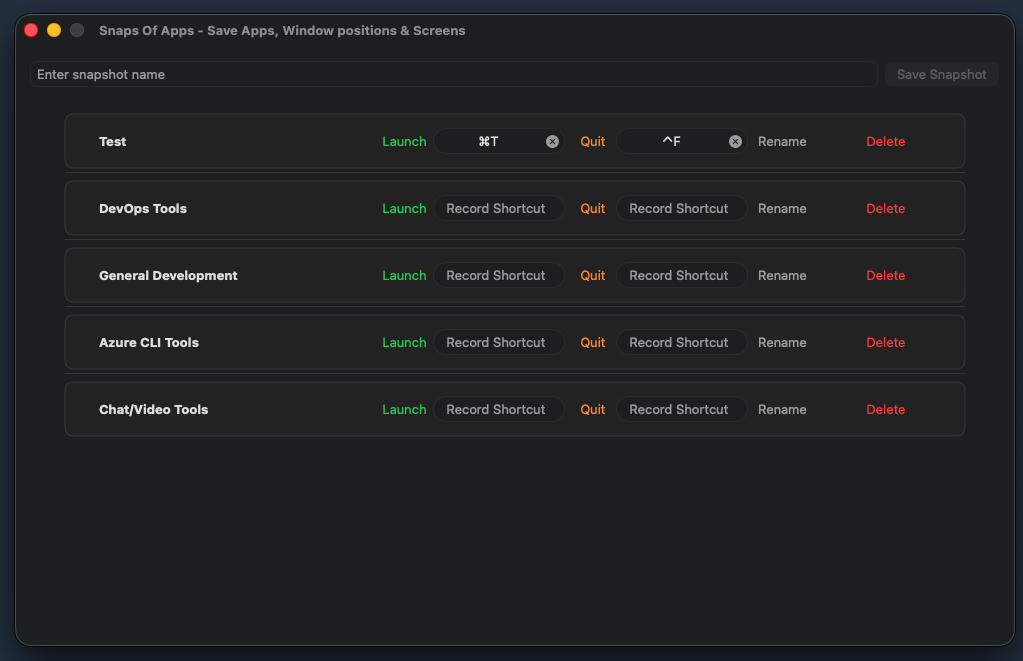 Snapshot Manager with Launch, Quit and Shortcuts