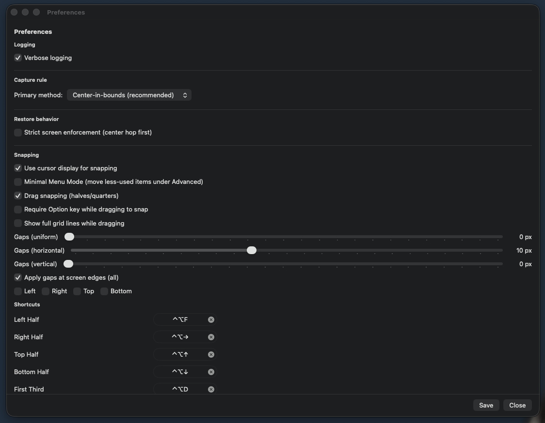 Preferences panel with snapping options and gaps