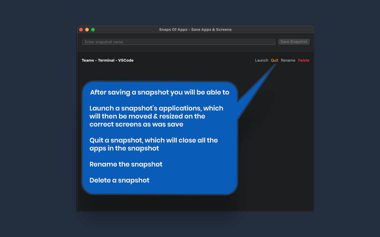 Snaps Of Apps editor window allowing user to name a new snapshot